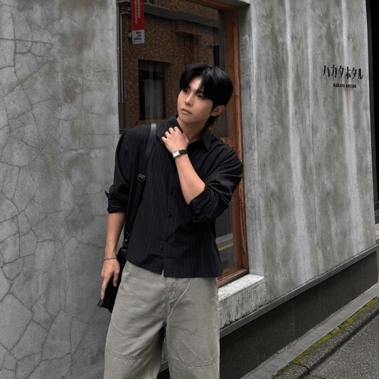 B275 Relaxed Fit Striped Short-Sleeve Shirt (Black Khaki)