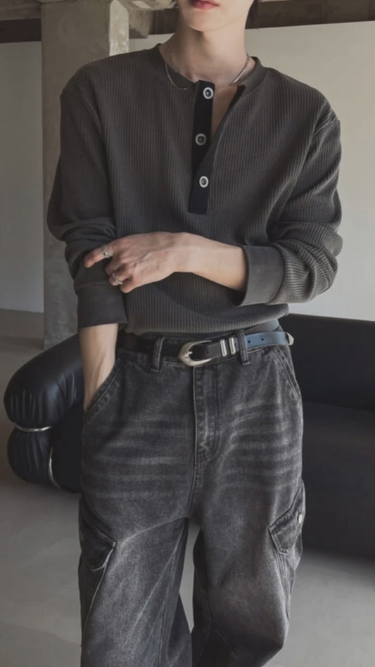 B141 低調拼接開釦針織上衣 (灰 白)