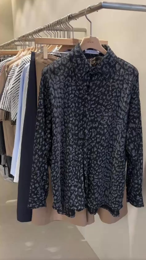 B65 Leopard Print Damaged Loose Shirt (Brown, Dark Gray)