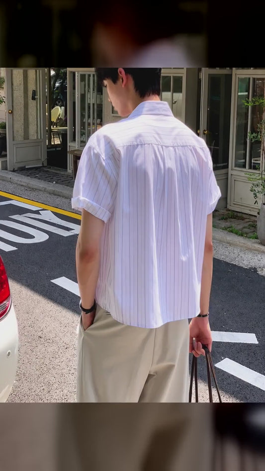 B242 White Collar Striped Short-Sleeve Shirt (White Blue)