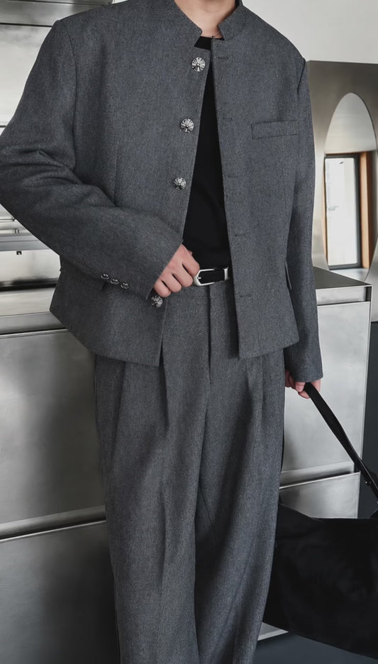 A128 Cropped Stand-Collar Jacket — Gakuran Style (Grey / Black)