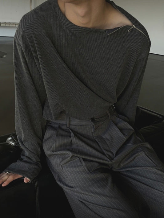 B174 斜拉鍊羅紋上衣 (黑 深灰)